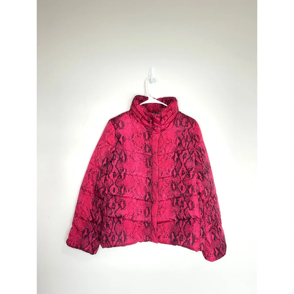 Betsey Johnson Quilted Puffer Coat Fuchsia Snakeskin Print Small Inidi Sleeze